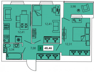 Двухкомнатная квартира 49.46 м²