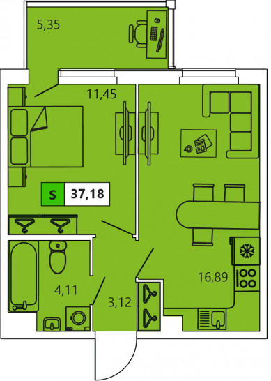 Однокомнатная квартира 37.18 м²