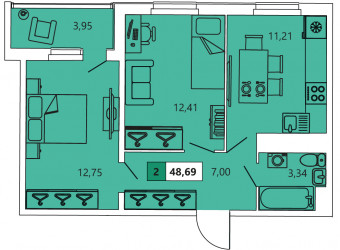 Двухкомнатная квартира 48.69 м²