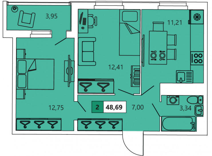 Двухкомнатная квартира 48.69 м²