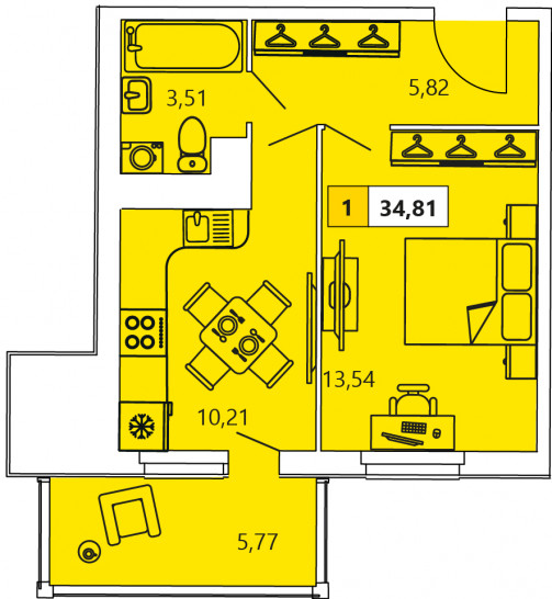 Однокомнатная квартира 34.81 м²
