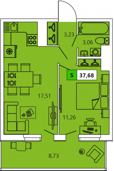 Однокомнатная квартира 37.68 м²