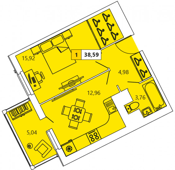 Однокомнатная квартира 38.59 м²