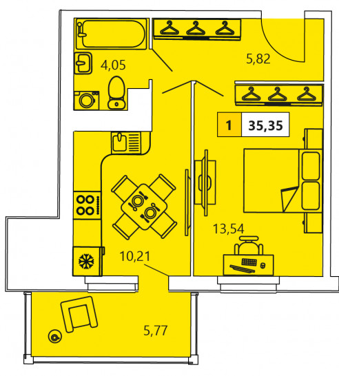 Однокомнатная квартира 35.35 м²