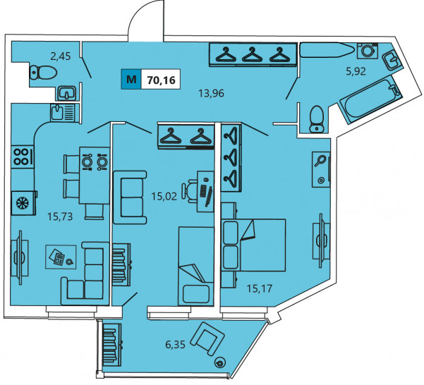 Двухкомнатная квартира 70.16 м²