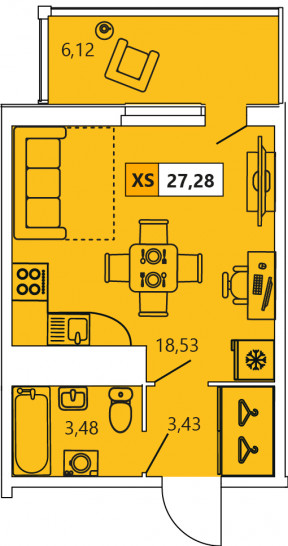 Студия 27.28 м²