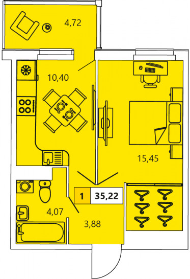 Однокомнатная квартира 35.22 м²
