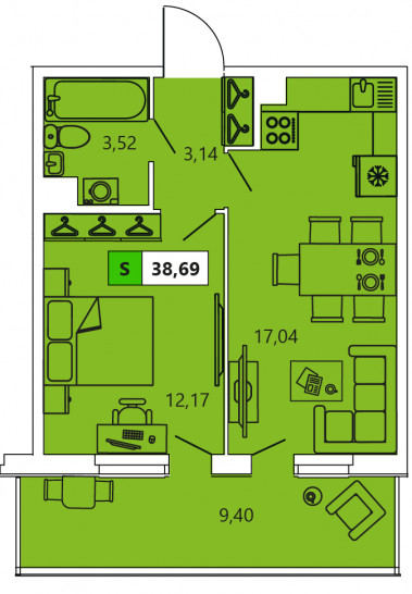 Однокомнатная квартира 38.69 м²