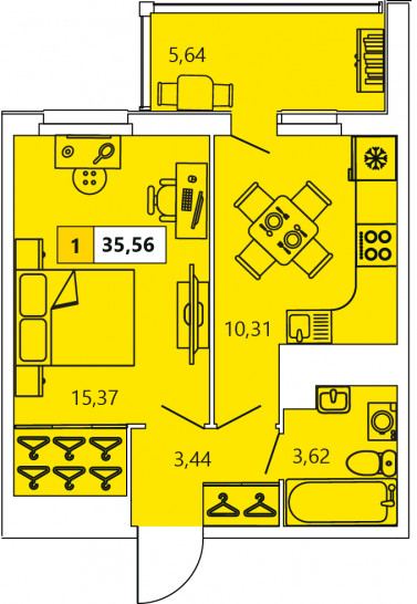 Однокомнатная квартира 35.56 м²