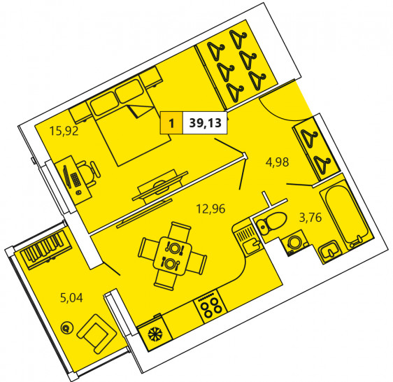 Однокомнатная квартира 39.13 м²