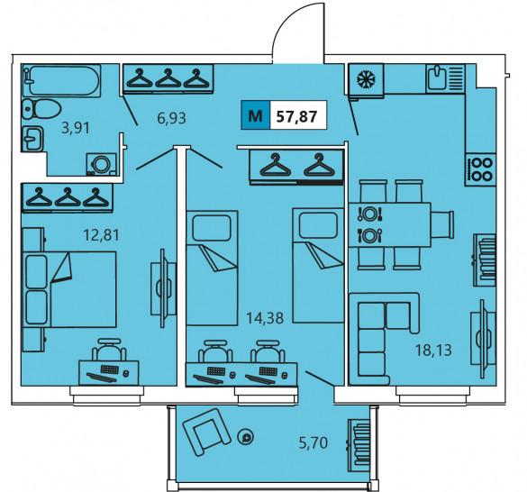 Двухкомнатная квартира 57.87 м²
