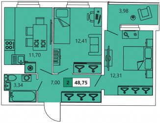 Двухкомнатная квартира 48.75 м²