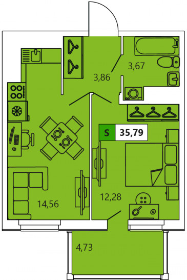Однокомнатная квартира 35.79 м²