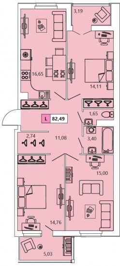 Трёхкомнатная квартира 82.49 м²
