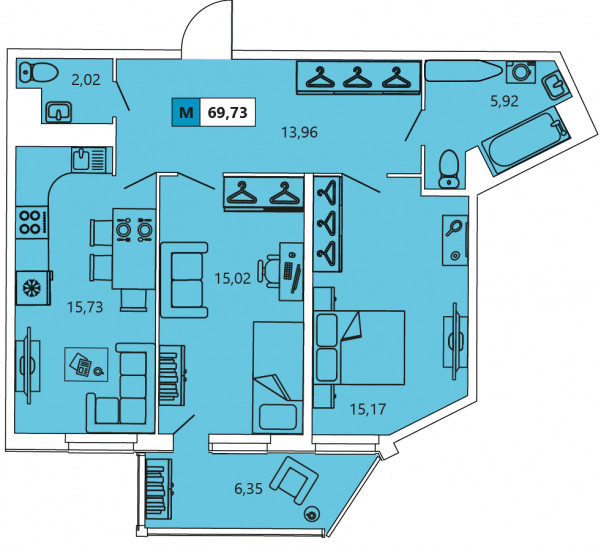 Двухкомнатная квартира 69.73 м²