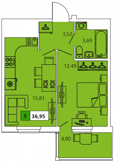 Однокомнатная квартира 36.95 м²