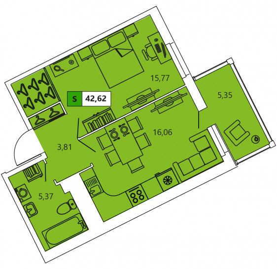 Однокомнатная квартира 42.62 м²