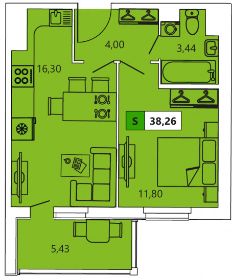Однокомнатная квартира 38.26 м²