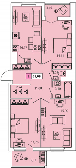 Трёхкомнатная квартира 81.69 м²