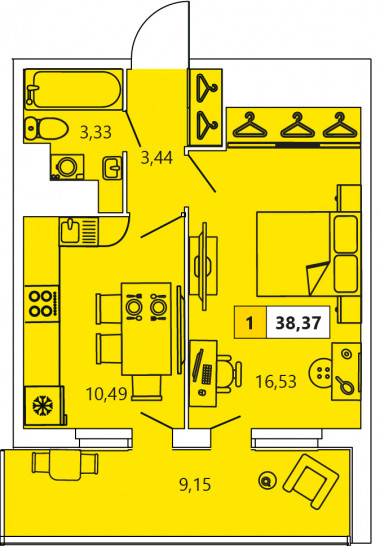 Однокомнатная квартира 38.37 м²