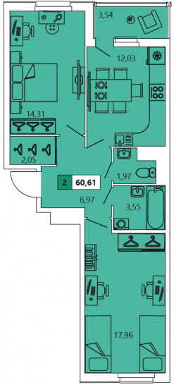 Двухкомнатная квартира 60.61 м²