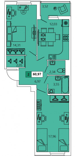 Двухкомнатная квартира 60.97 м²