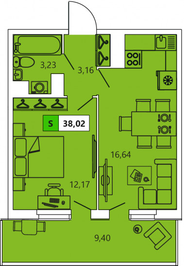 Однокомнатная квартира 38.02 м²