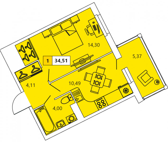 Однокомнатная квартира 34.51 м²