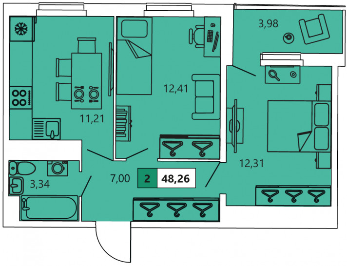 Двухкомнатная квартира 48.26 м²