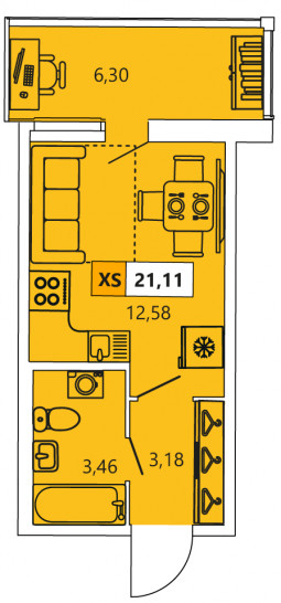 Студия 21.11 м²