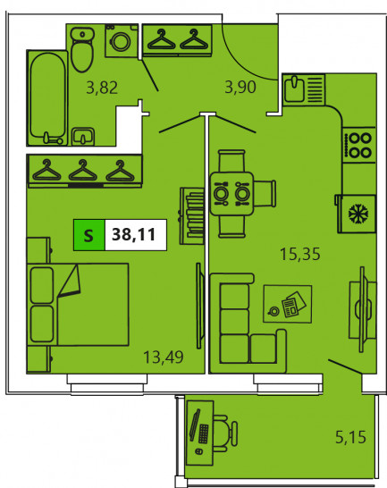Однокомнатная квартира 38.11 м²