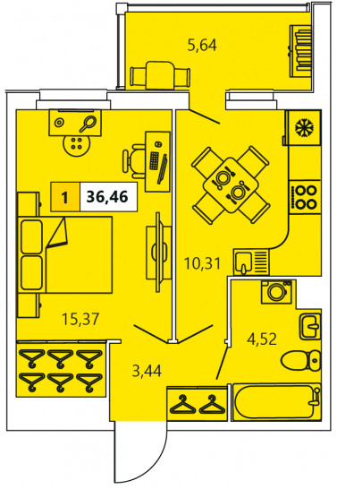 Однокомнатная квартира 36.46 м²
