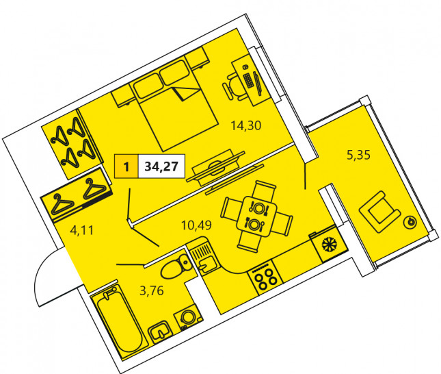 Однокомнатная квартира 34.27 м²