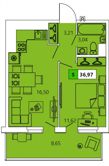 Однокомнатная квартира 36.97 м²