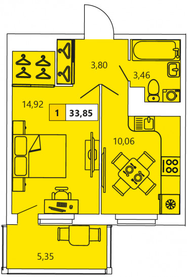 Однокомнатная квартира 33.85 м²