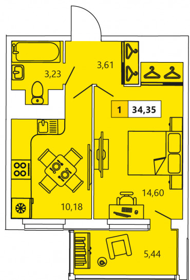 Однокомнатная квартира 34.35 м²