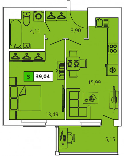 Однокомнатная квартира 39.04 м²