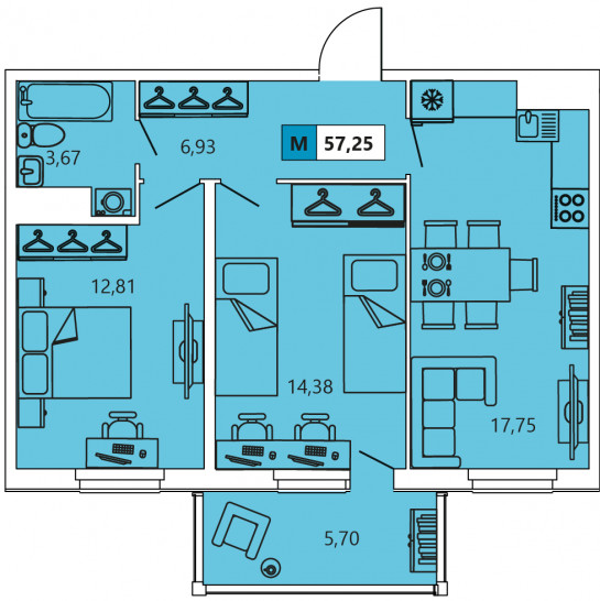 Двухкомнатная квартира 57.25 м²