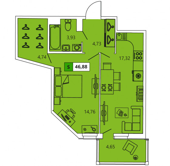 Однокомнатная квартира 46.88 м²