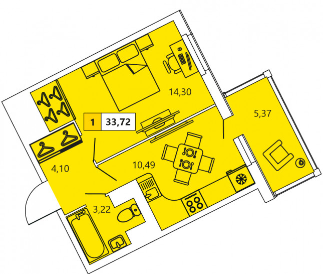 Однокомнатная квартира 33.72 м²