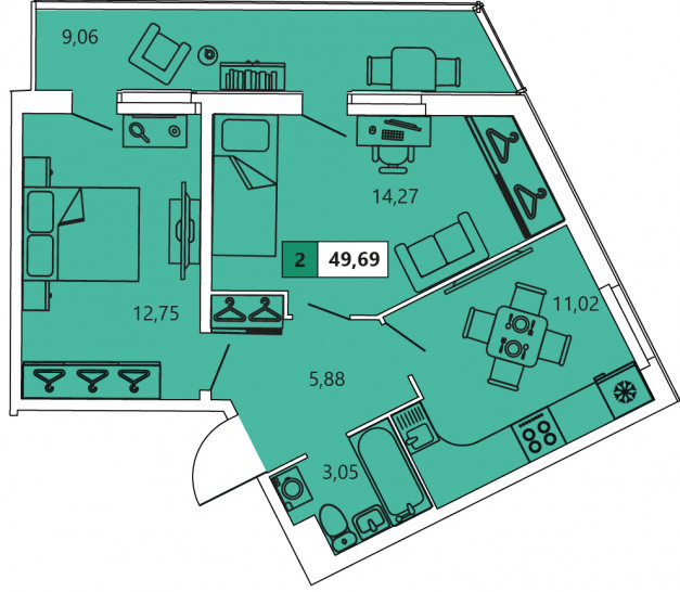 Двухкомнатная квартира 49.69 м²