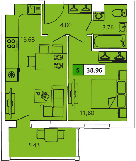 Однокомнатная квартира 38.96 м²