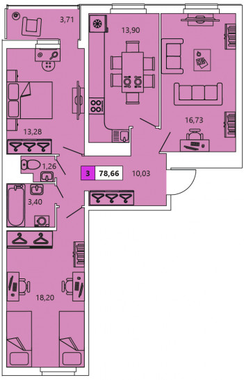 Трёхкомнатная квартира 78.66 м²