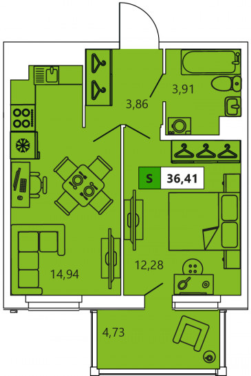 Однокомнатная квартира 36.41 м²