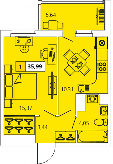 Однокомнатная квартира 35.99 м²