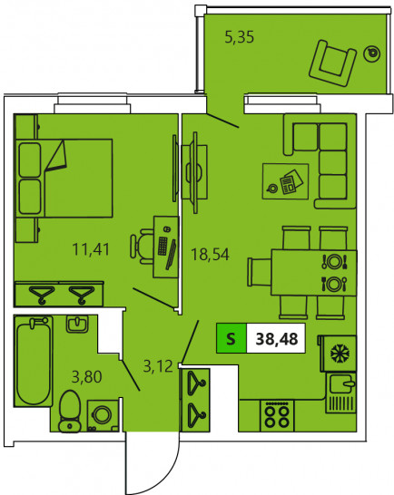 Однокомнатная квартира 38.48 м²