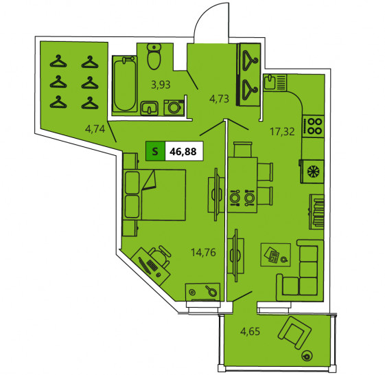 Однокомнатная квартира 46.88 м²