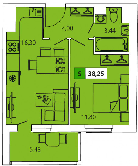 Однокомнатная квартира 38.25 м²