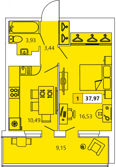 Однокомнатная квартира 37.97 м²