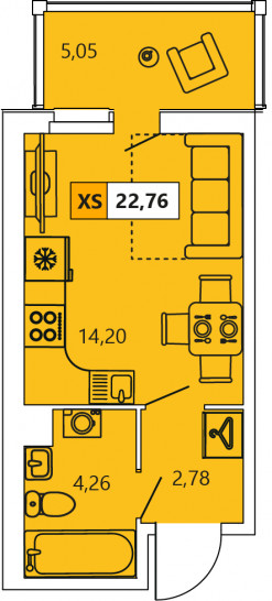 Студия 22.76 м²